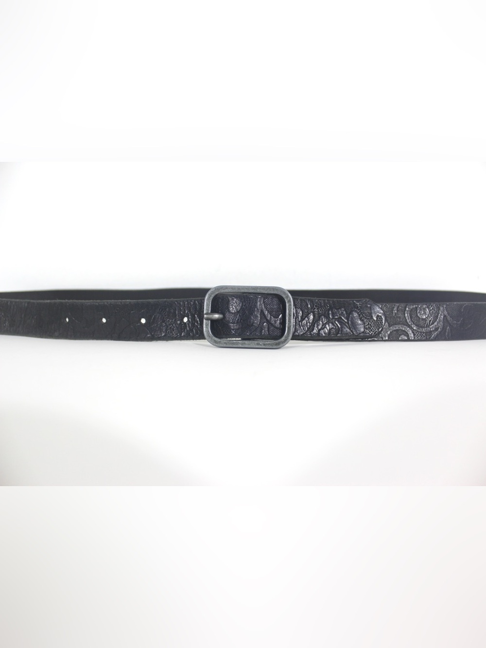 Floral Embossed Black Leather Belt with Silver Buckle Narrow Skinny